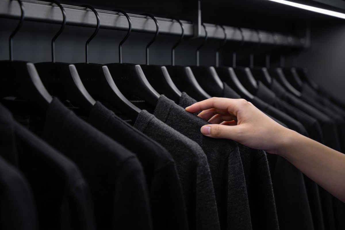 Buyer selecting a garment from a curated rail of Korean fashion inventory