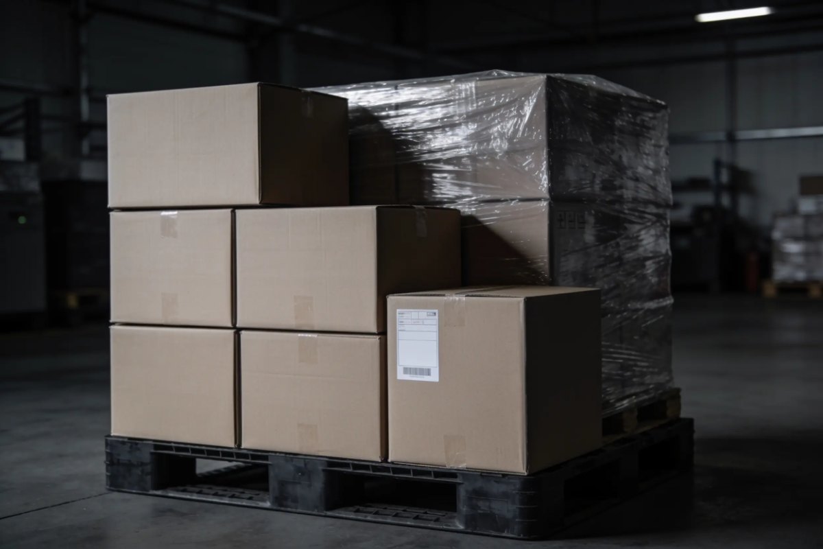 Export cartons and a wrapped pallet prepared for shipping from Seoul
