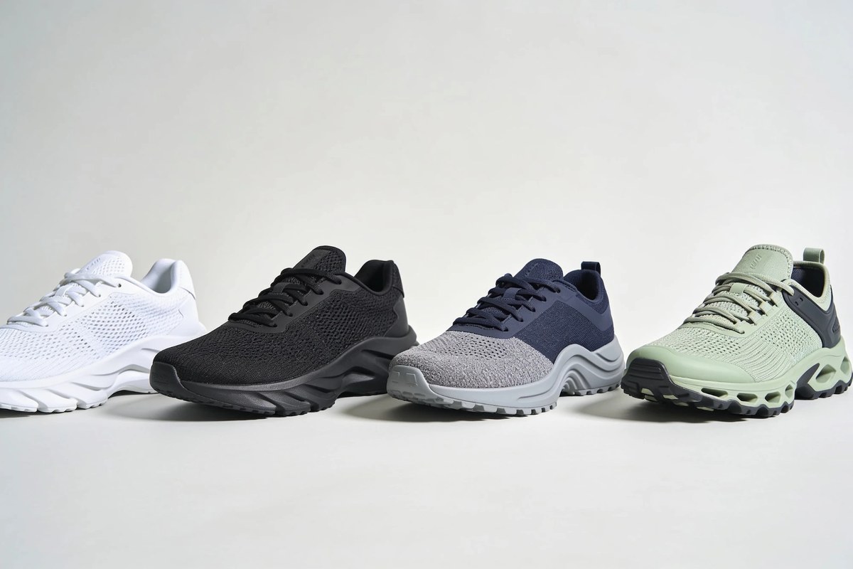 Representative lot of athletic footwear - white, black, navy and sage knit running shoes