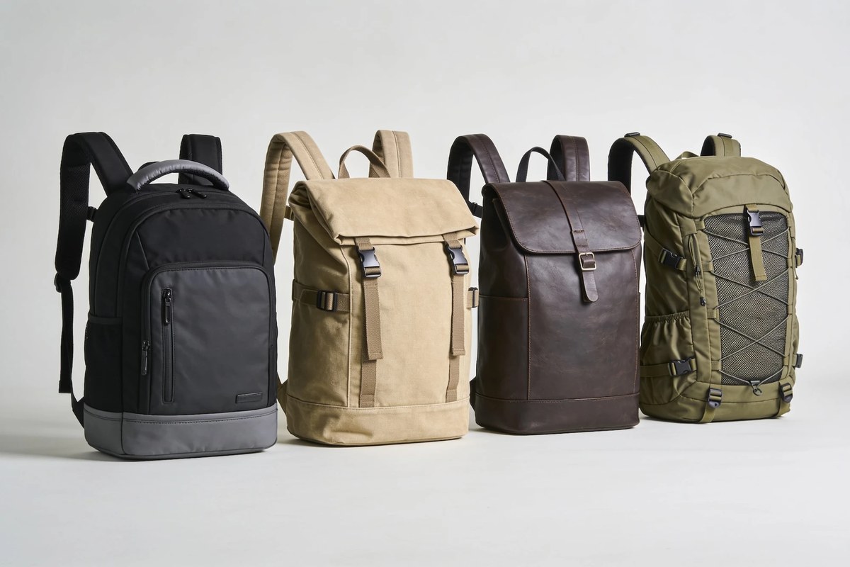 Representative lot of backpacks - black nylon commuter, beige canvas flap, brown leather and an olive technical pack