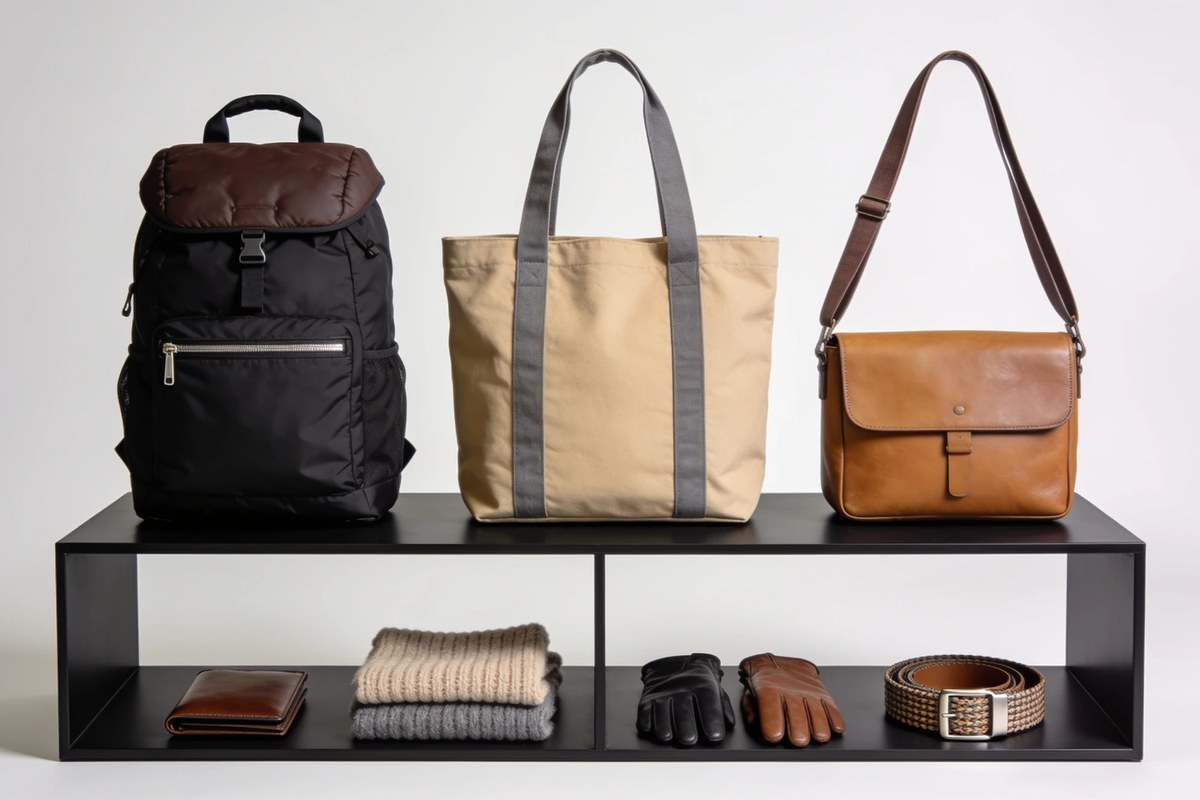 Representative lot of bags and accessories - nylon backpack, canvas tote and leather messenger above a wallet, scarves, gloves and a woven belt