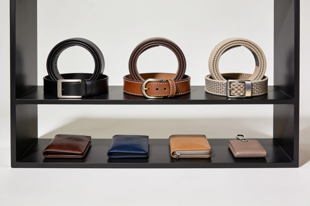 Representative lot of belts and small leather goods - black, tan and woven belts above brown, navy, tan and taupe wallets