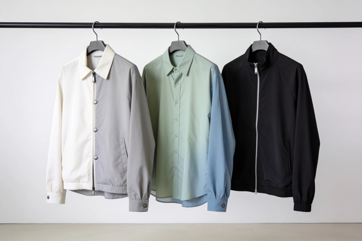 Representative lot of S/S blousons and windbreakers - cream and grey coach jacket, mint shirt jacket and a black harrington on a rail