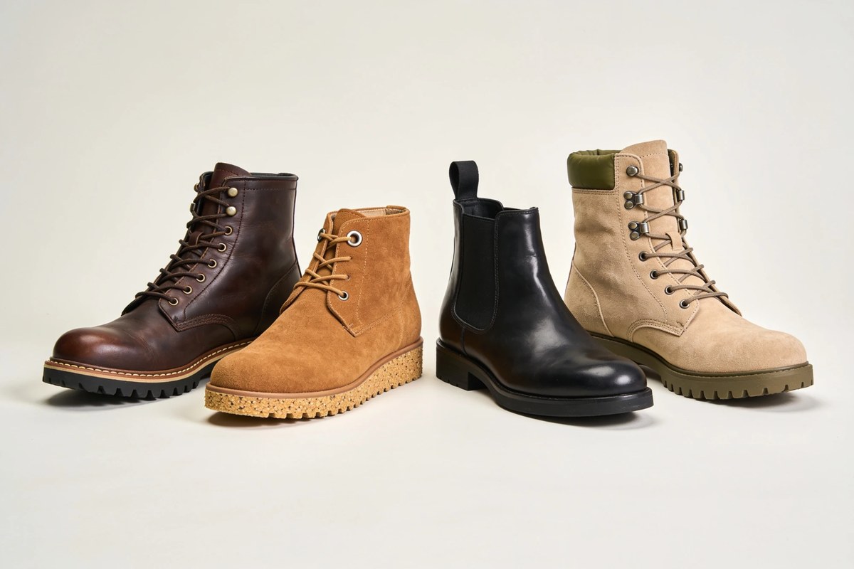 Representative lot of F/W boots - brown leather lace-up, tan suede desert boot, black chelsea and a beige suede hiker