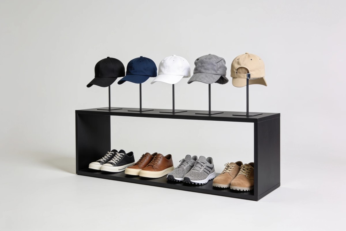 Representative lot of licensed caps and footwear - black, navy, white, grey and beige caps above low-top sneakers and leather shoes on a display unit