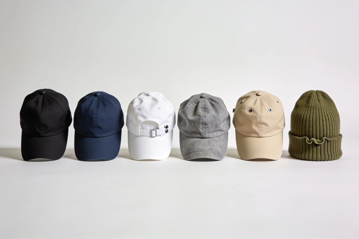 Representative lot of caps and headwear - black, navy, white, grey and beige six-panel caps with an olive ribbed beanie