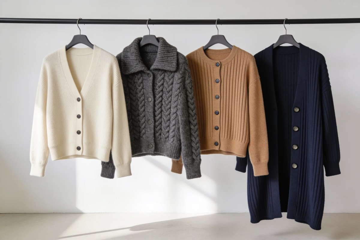 Representative lot of cardigans - cream V-neck, grey cable-knit with collar, camel ribbed and a long navy ribbed cardigan on a rail