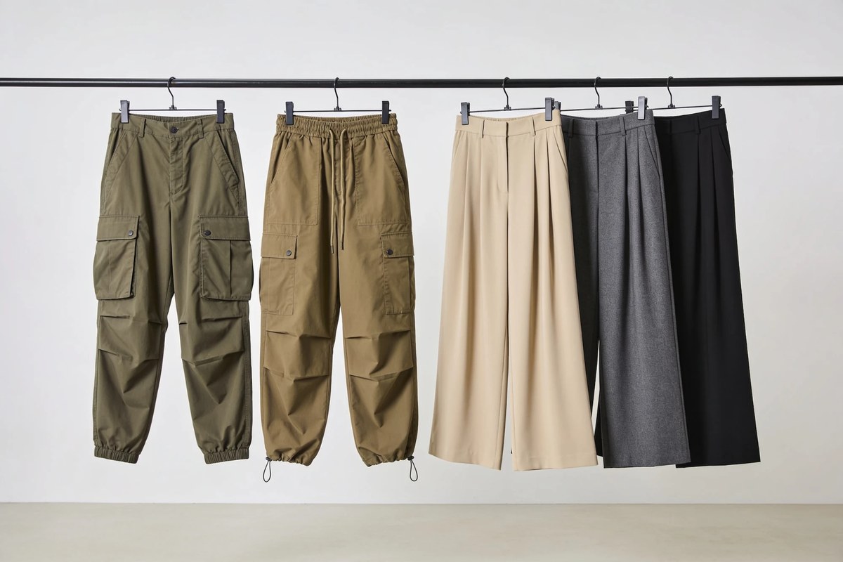 Representative lot of S/S cargo and wide pants - olive and khaki cargo trousers with cream, grey and black wide-leg trousers on a rail