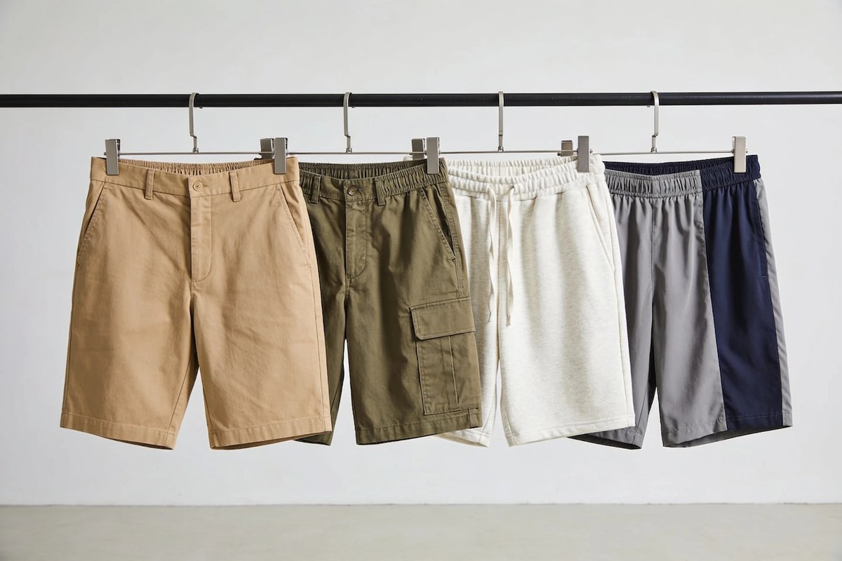 Representative lot of S/S casual shorts - khaki chino, olive cargo, oatmeal sweat and grey and navy nylon shorts on a rail