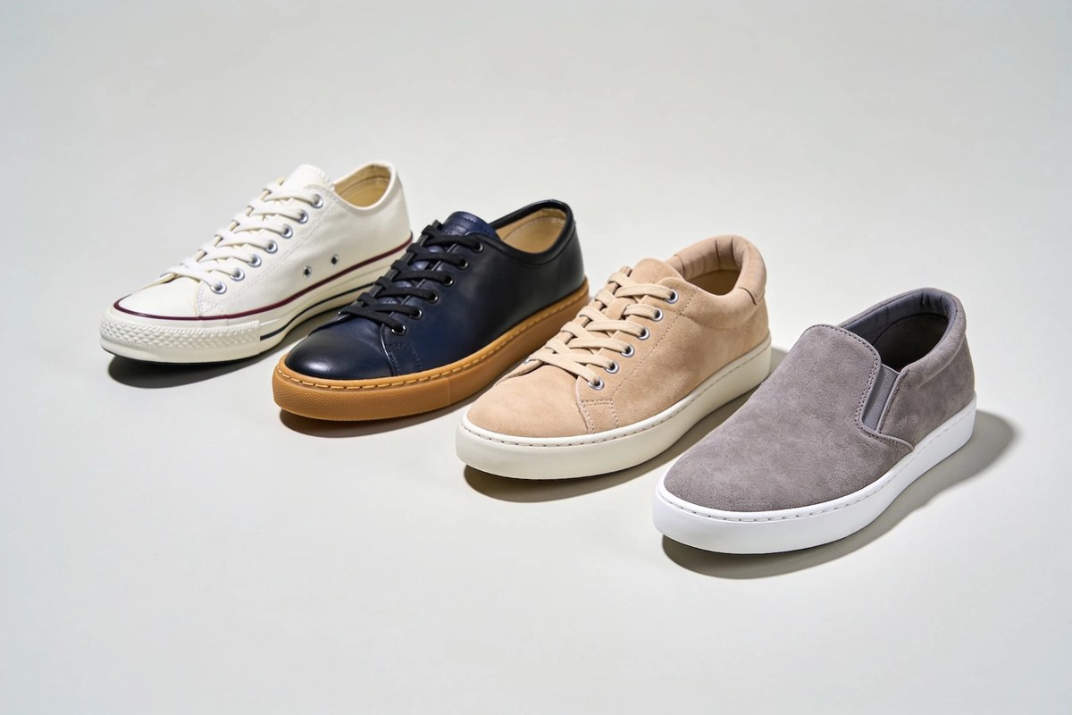 Representative lot of S/S casual sneakers - white canvas, navy leather, beige suede lace-up and a grey suede slip-on