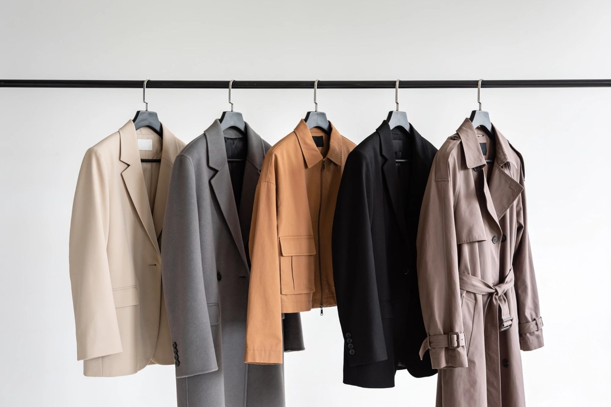 Representative lot of F/W contemporary outerwear - tailored blazers, a wool coat, a cotton blouson and a belted trench on a rail