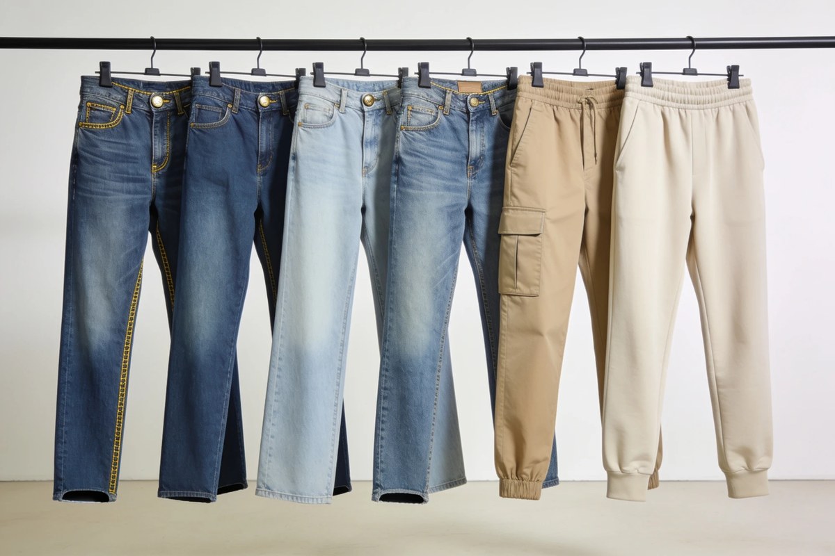 Representative lot of S/S denim and casual bottoms - four denim washes with khaki cargo joggers and cream sweatpants on a rail