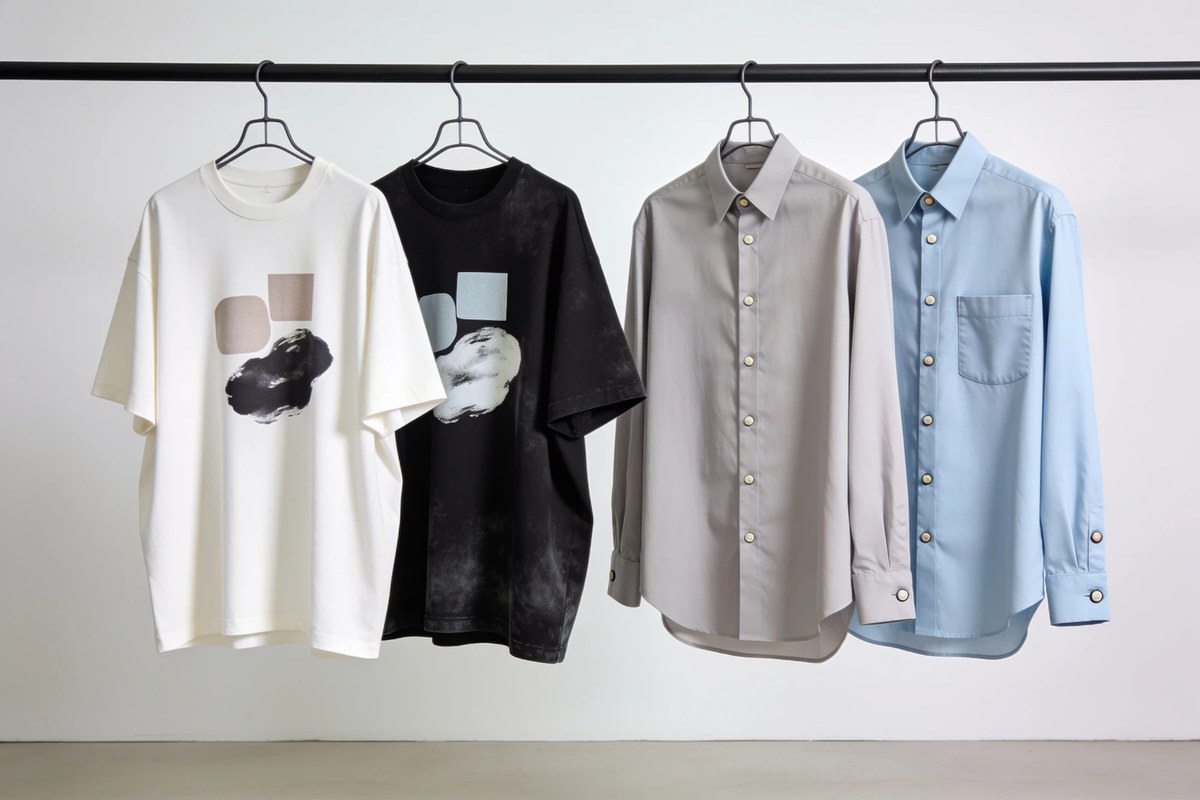 Representative lot of S/S graphic tees and shirts - cream and black print tees with grey and light blue poplin shirts on a rail