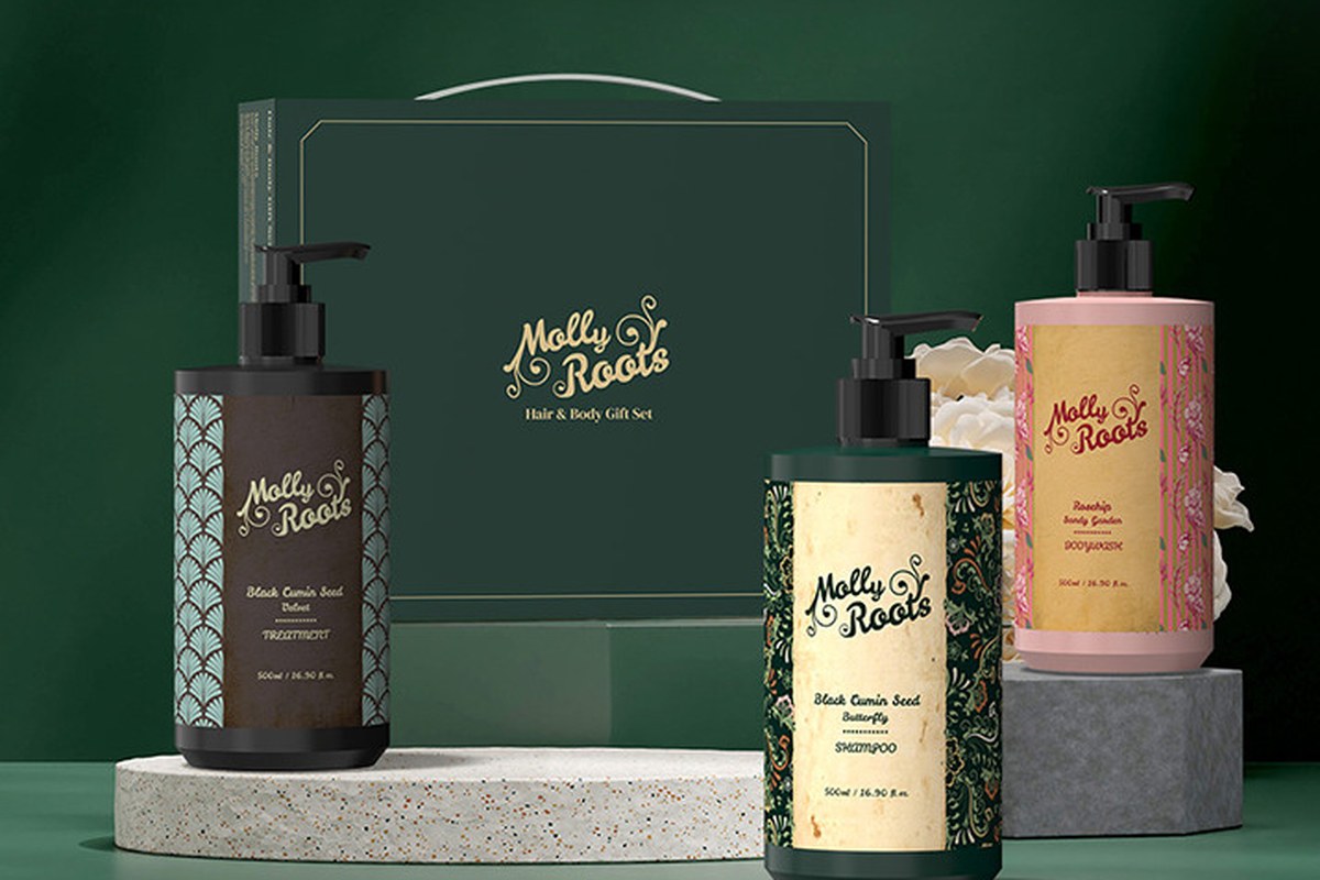 Representative lot of Korean haircare and body products - shampoo, treatment and body wash pump bottles with boxed gift packaging