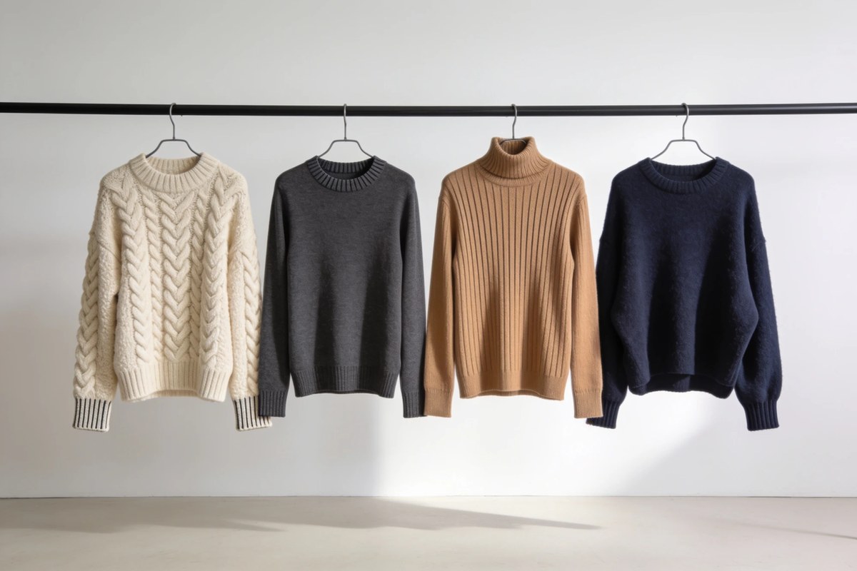 Representative lot of F/W knitwear and sweaters - cream cable knit, charcoal crew, camel ribbed turtleneck and a navy crew on a rail