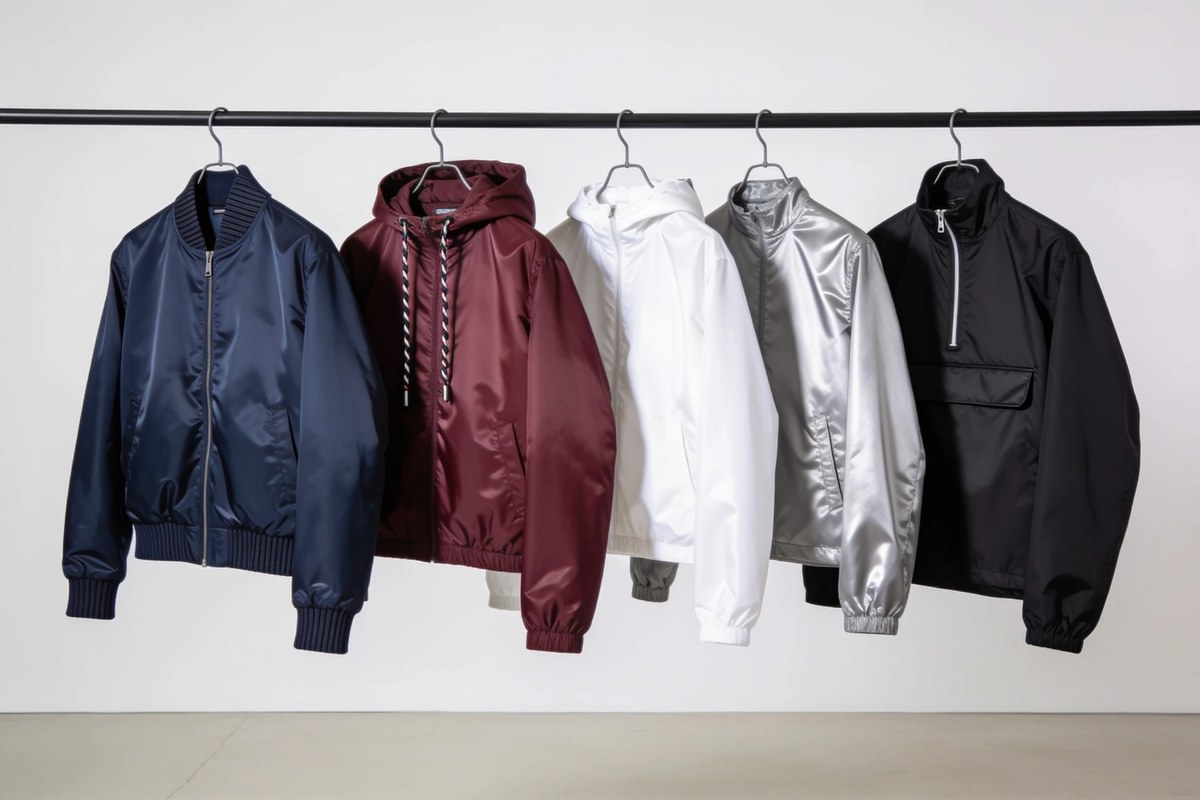 Representative lot of S/S lightweight outerwear - navy bomber, burgundy and white hooded windbreakers, silver bomber and a black half-zip anorak on a rail