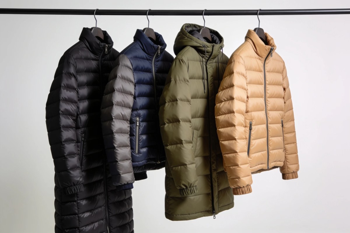 Representative lot of F/W padded jackets - black, navy, khaki hooded and camel quilted down jackets on a rail