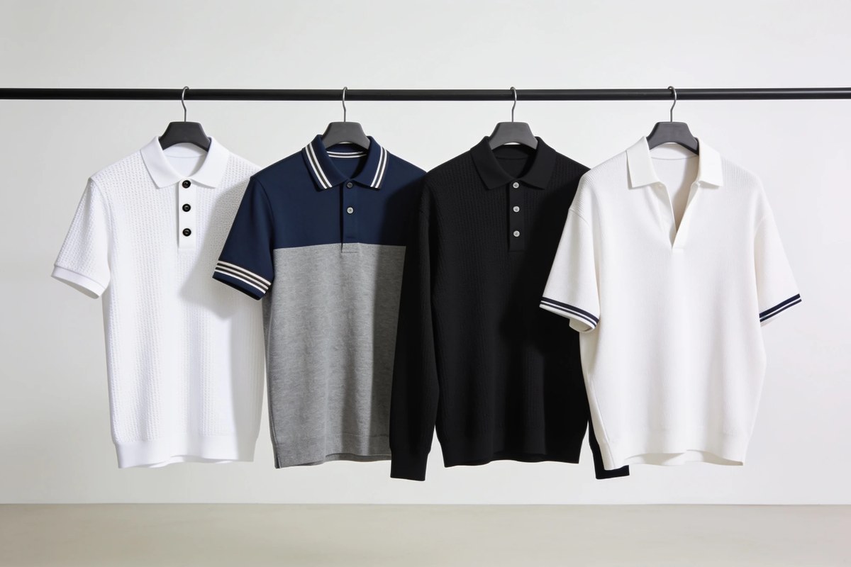 Representative lot of polo and pique tops - white textured knit polo, navy and grey colour-block polo, black knit polo and a white open-collar polo on a rail