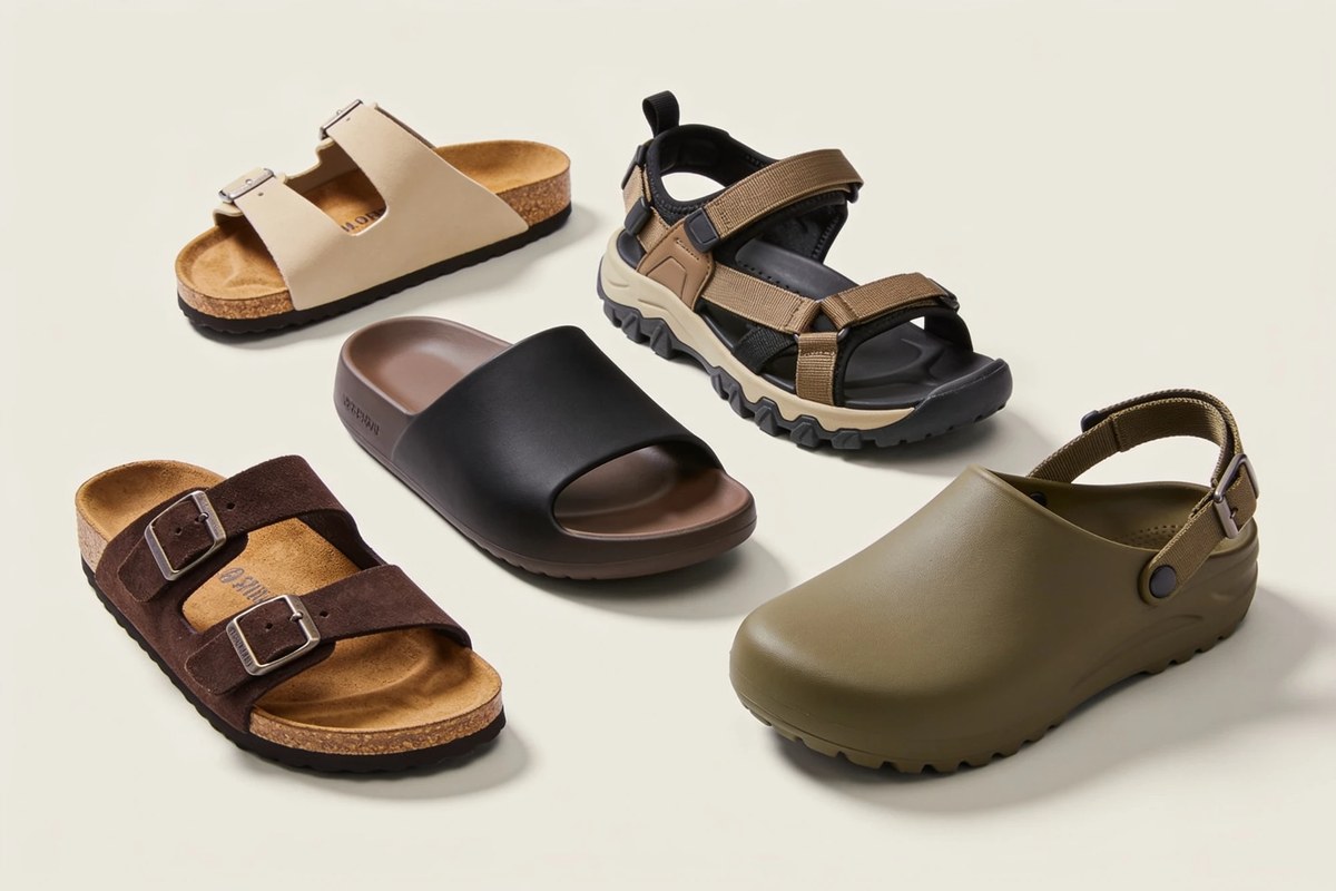 Representative lot of S/S sandals and comfort footwear - buckled footbed sandals, a moulded slide, a strapped sport sandal and an olive clog