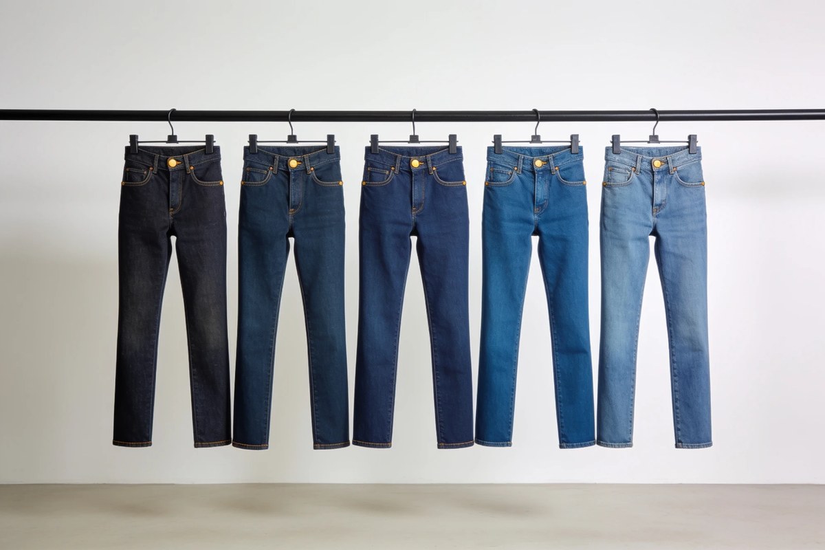 Representative lot of selvedge jeans - five indigo washes from raw dark to light on a rail