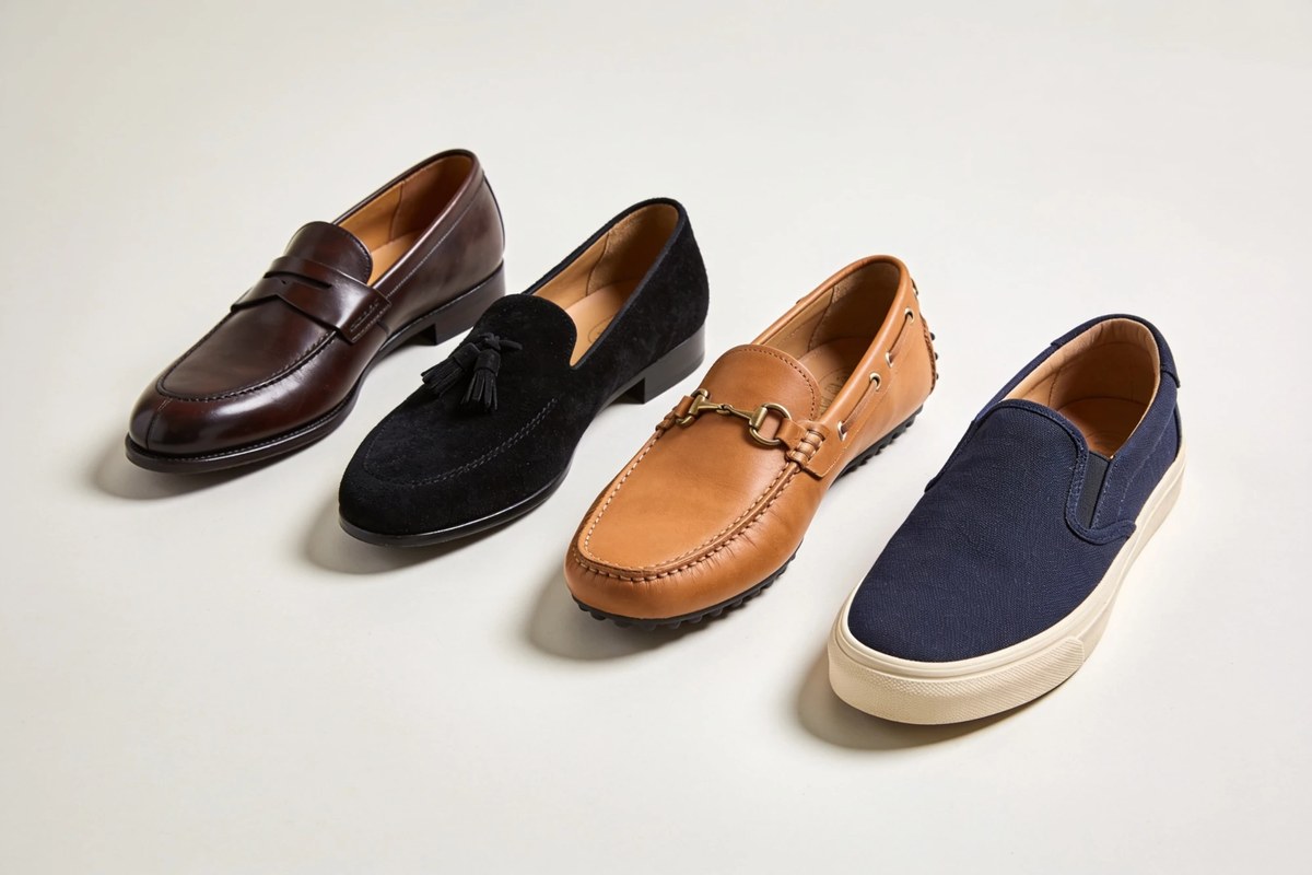 Representative lot of slip-ons and loafers - brown penny loafer, black suede tassel loafer, tan bit driver and a navy canvas slip-on