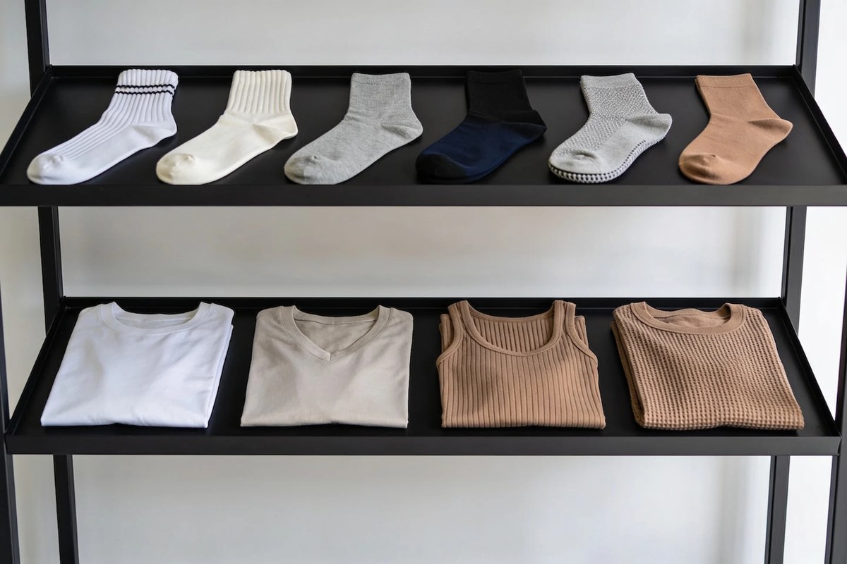 Representative lot of socks and basics - ribbed and ankle socks above folded cotton tees and ribbed tank tops